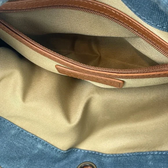 Levenger Tote Bag Denim Leather Trim 6 Pockets Purse Satchel Bucket Boho Pack
